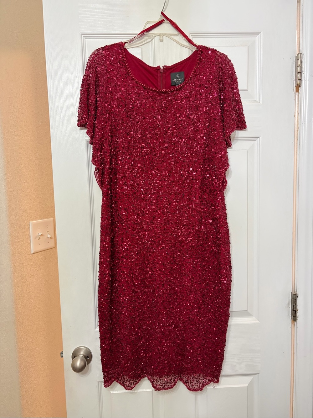 Adrianna Papell Red Sequin Short Sleeve Cocktail Dress